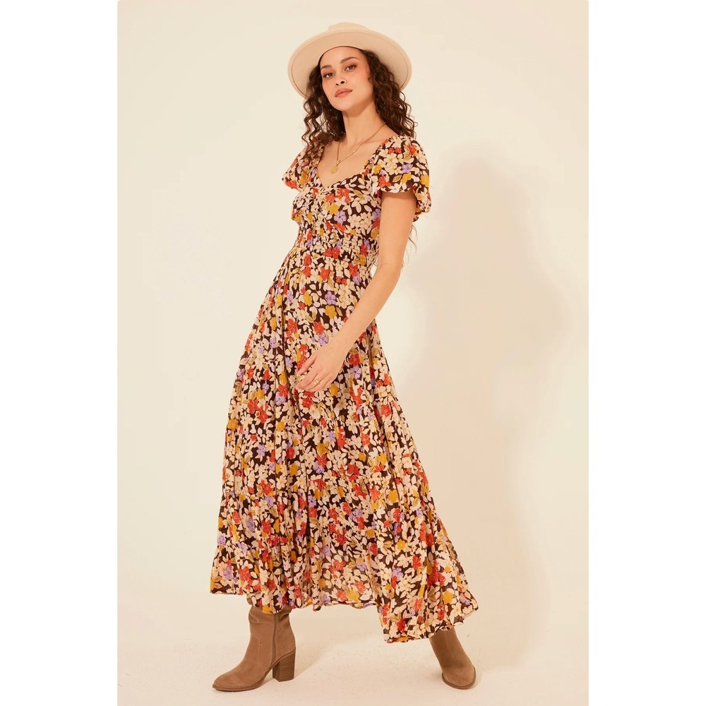 Bila 77 Floral Roxanne Smocked Maxi Dress Brown Boho Tiered Cap Sleeve S